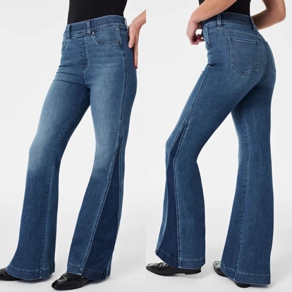SPANX Flare Jeans Mixed Wash High Waisted Pull One Stretch Size Medium - Picture 1 of 14